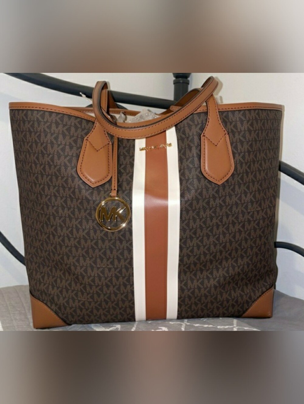 Michael Kors Large Brown Logo Stripe Tote Bag NWT